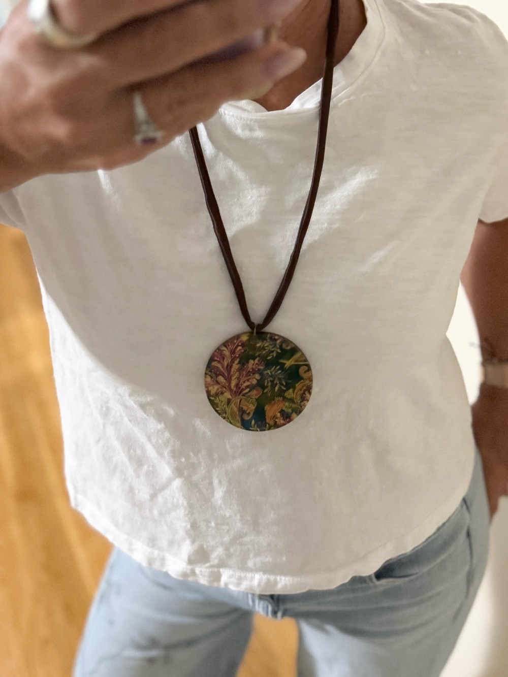 Boho Statement Necklace Large Round Floral Pendant Brown Satin Cord
